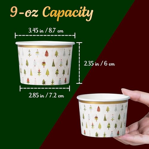 Image of Confettiville Paper Ice Cream Cups, 50-Count 9-Oz Disposable Dessert Bowls for Hot or Cold Food, 9-Ounce Christmas Party Supplies Treat Cups, Handdrawn Christmas Trees, Gold Foil