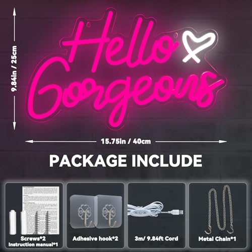 Image of Hello Gorgeous Neon Signs Hello Beautiful Pink LED Neon Lights Dimmable LED Light Sign for Home Wedding Birthday Backdrop Bacelorette Party Decoration, Pink
