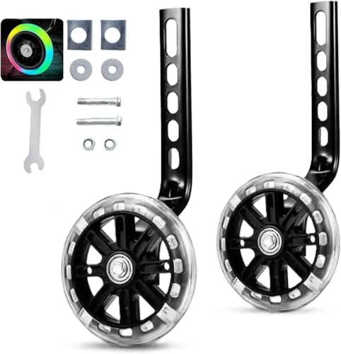 Flashing Kids Bicycle Training Wheels, Adjustable for 12/14/ 16/18/ 20/ inch Bicycle Stabiliser, Adjustable Height, Training Wheels for Kids Bike Complete Installation Kit Included 1 Pair (Black)