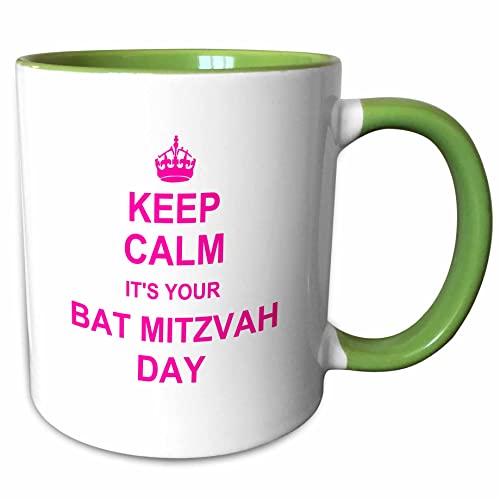 3dRose Keep Calm Bat Mitzvah Day Hot Pink Good Luck 15oz Two-Tone Green Mug