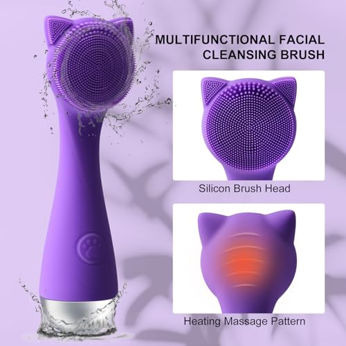 Facial Cleansing Brush, Silicone Face Scrubber Exfoliator for Men & Women, Electric Facial Brush Waterproof, with 3 Speeds Adjustable for Deep Cleaning, Removing Blackhead, Face Massaging (Purple) - Image 4