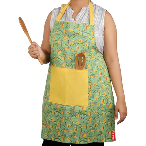 Image of HAZEL Cotton Kitchen Apron with Front Pocket | Adjustable Neck Strap & Tie Back | Reusable Cooking, Baking & Cleaning Apron for Men & Women (Yellow & Green)