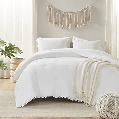 Codi White Boho Queen Comforter Set, Aesthetic Luxurious Pom Fringe Design Bedding Full, Cute Soft Washed Microfiber Bed Sets, Lightweight Chic 3Pcs,1 Comforter & 2 Pillowcases (90X90 Inches) #TOP1