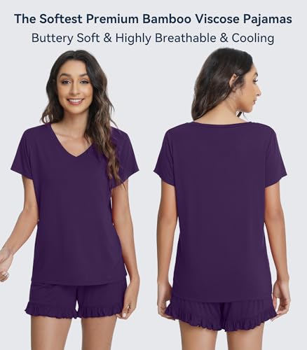 Image of WiWi Womens Pajamas Set Bamboo Viscose Super Soft Short Sleeve Top Ruffle Shorts Sleepwear Cooling Pj Sets S-XXL