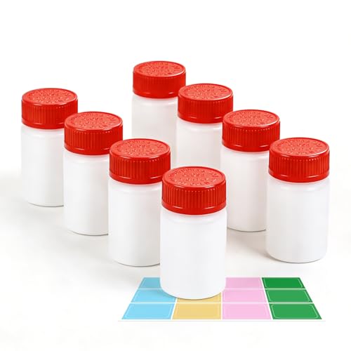 3.4oz Plastic Pill Bottles with Child Resistant Caps, Empty White HDPE Solid Containers with Labels, Reusable Supplement Bottles for Powder, Pills, Vitamins (8 Pack)