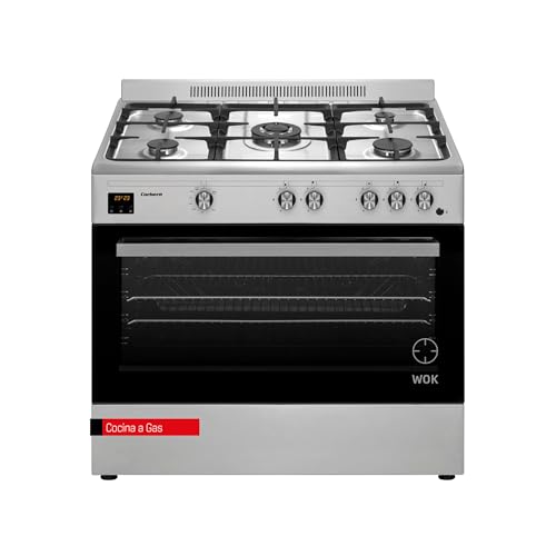 Corberó - Cocina de Gas Butano | CC900X | Horno 96L Panorámico | 5 Fuegos con Opción Wok | Autoencendido Integrado | Fácil Limpieza | Sin Tapa | Inox