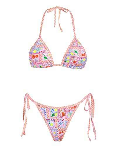 Image of Women's Triangle Bikini Set String Swimsuit Print Tie Smocked Ruched Two Piece Bathing Suit