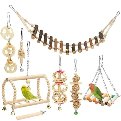 Juguetes para Loros, 8pcs/Set Juguetes para periquitos de Madera, Swing/masticación/Percha de pie/trepadora Escalera de Cabina Juguete, Accesorios de Jaula de pájaros Colgantes para pájaros para Peri