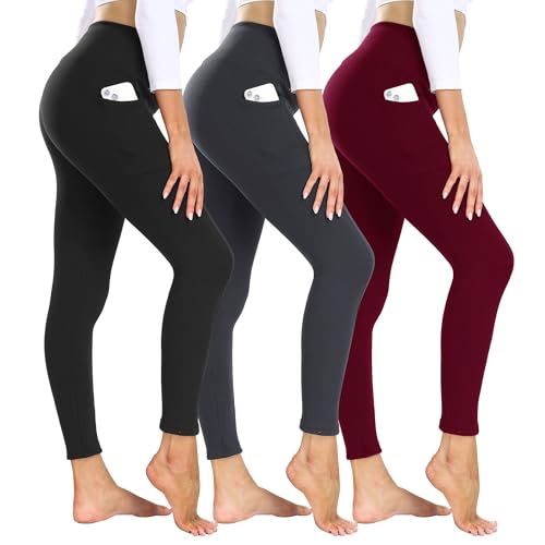 3 Pack Fleece Lined Leggings Women with Pockets - High Waisted Plus Size Winter Thermal Yoga Pants (S-5XL)
