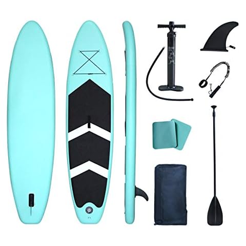 Inflatable Stand Up Paddle Board SUP Paddleboard With Accessories, Backpack Bag, Adjustable Aluminium Oar, Pump, Pressure Gauge, Leash, Removable Fin (Green 320X76X15CM) Cover