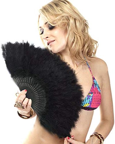 FANSOFFANS Marabou Feather Hand Fan 45cm, Fancy Dress Wedding Party Favour Gift Outdoor Vintage Dance Photoshoot (Black Fan, Black Ribs)