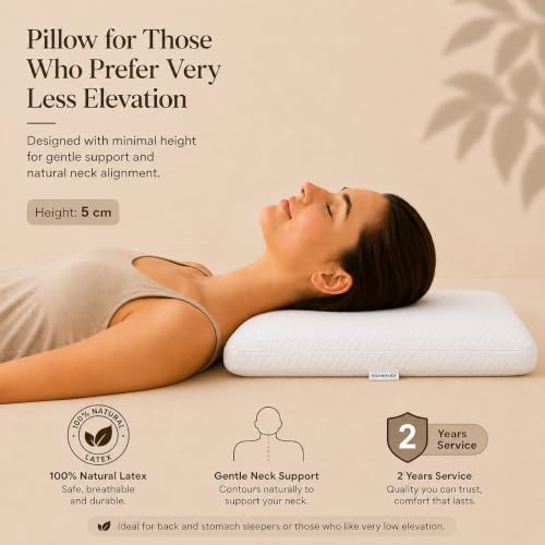 Image of kasiemobi Low Height 100% Natural Latex Pincore Pillow 60x40x5 cm | Natural Latex, Knitted Zippered Cover | Stomach Sleepers, Petite Adults, Lower Pillow Height | White Color