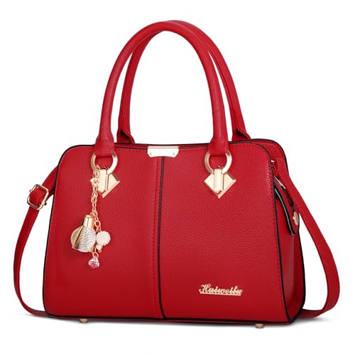 FORRICA Femme Sac à Main Elégant Top Poignée Sacs à Bandoulière avec Exquis Pendentif PU Cuir Dames Sac Fourre Tout pour Travail Achats Rouge
