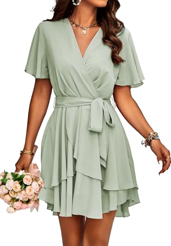 Jiraewh Damen Chiffon Kurz Kleid V-Ausschnitt Kurzarm Sommerkleid Polka-Punkte Elegant Rüschen Minikleid Casual Swing Skater Kleid Hohe Taille Partykleid Wickelkleid mit Gürtel （5086-LB L