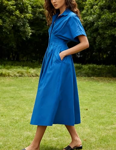 Image of Yeokou Shirt Dress for Women Summer Casual Short Sleeve Button Down Loose Pleated Maxi Sundress with Pockets