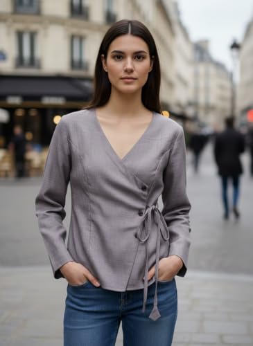 Image of Women's Cotton Tops | Casual Wrap V Neck Top | Long Sleeve Textured Side Tie Shirt | Elegant Slim Fit Crossover Tunic | Stylish Office Wear & Trendy Streetwear Apparel(38-K-1-4)