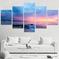 5 Panel Canvas Wall Art Feature Sea Dawn Sky Pictures Modern Artwork for Home Decorations Ready to Hang - 60