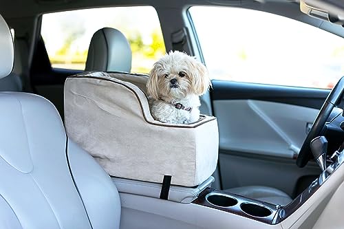 Snoozer Small High Back Console Dog Car Seat Travel Dog Bed Carrier for Dogs up to 7lbs, Provides Safe Pet Travel with Dog Car Seat Belt Harness Strap, Removable Machine Washable Buckskin Cover