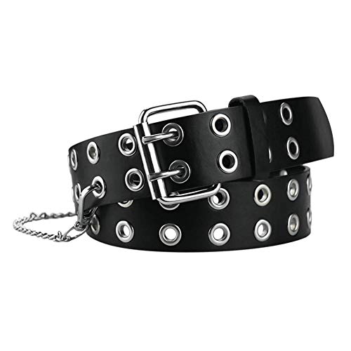 maikun Studded Belt for Women Gromment Womens Black Double Prong Belt Color Black with Chain Length 100cm