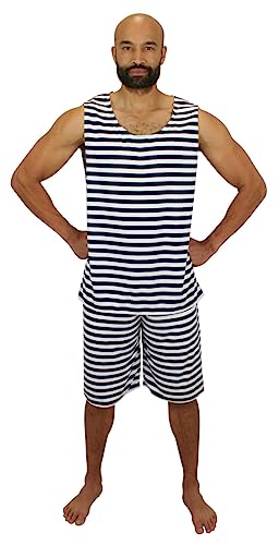 Historical Emporium Men's 1900s Striped Tank Bathing Suit, Victorian Edwardian