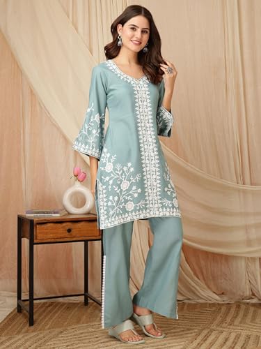 Image of EthnicJunction Women's Cotton Blend Chikankari Embroidered A-Line Kurta Palazzo Set Ethnic Wear Office Wear Daily Wear Festive Kurta Set for Women