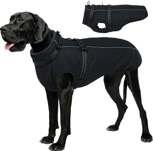 Lelepet Dog Coat with Harness Built in, Waterproof Dog Jacket for Large Dogs Reflective Winter Jacket with Zip Warm Cold Weather Coats for Dogs,Turtleneck Pet Snowsuit, Great Dane, Black, XXXL