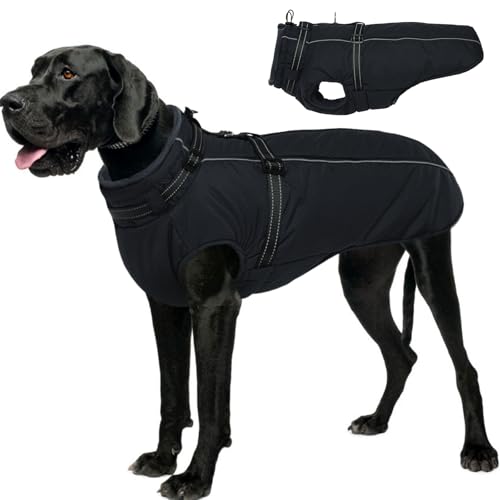 Lelepet Dog Coat with Harness Built in, Waterproof Dog Jacket for Large Dogs Reflective Winter Jacket with Zip Warm Cold Weather Coats for Dogs,Turtleneck Pet Snowsuit, Great Dane, Black, XX