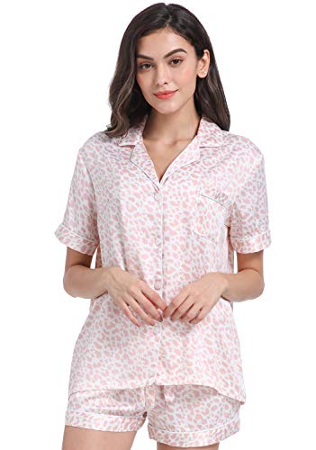 Serenedelicacy Women's Satin Pajama Set 2-Piece Sleepwear Loungewear Button Down Short Sleeve Pj Set (Medium, Blush, Leopard) #TOP4