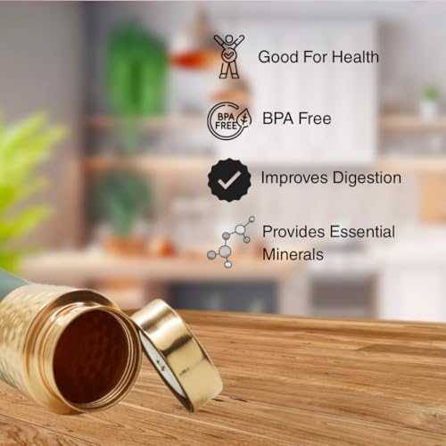 Image of Pure Copper Water Bottle 1 Litre | BPA Free & Leak Proof | Copper-Infused Water | Durable & Rust Proof | Ayurveda Health Benefits - Hammered Finish (Green Grip Sleeve)