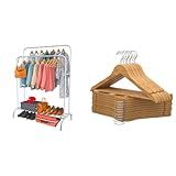 PORTENTUM Perchero Burro Ropa de Acero Blanco Reforzado con Ruedas y Doble Barra + 20 Perchas de Madera Maciza Natural con Gancho Giratorio | Solución Premium de Almacenamiento y Estilo