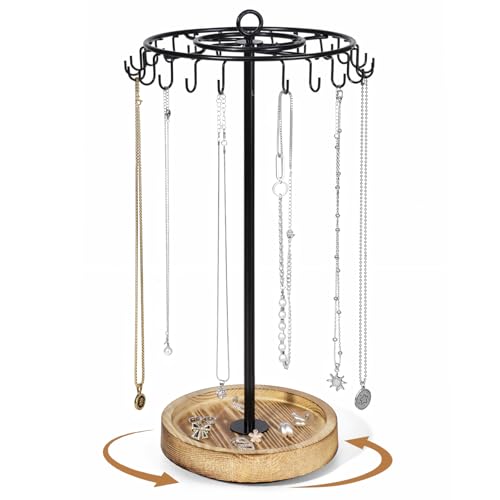 Losneg Rotating Necklace Holder Necklace Organizer Tree Stand with 24 Hooks Jewelry Necklace Display Stand Wooden & Metal Tall Spinning for Vendors Retail Gift for Mother Women Vintage Black