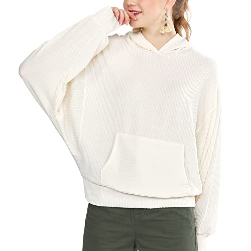 Oversized Dolman Long Sleeves Ribbed Hoodie Sweatshirt (Ivory, L)