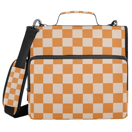 Image of 3 Ring Zipper Binder with Shoulder Strap Orange Checkerboard 1.5 inch Binders Keeper Large Capacity Multi Pockets for School Office Supplies