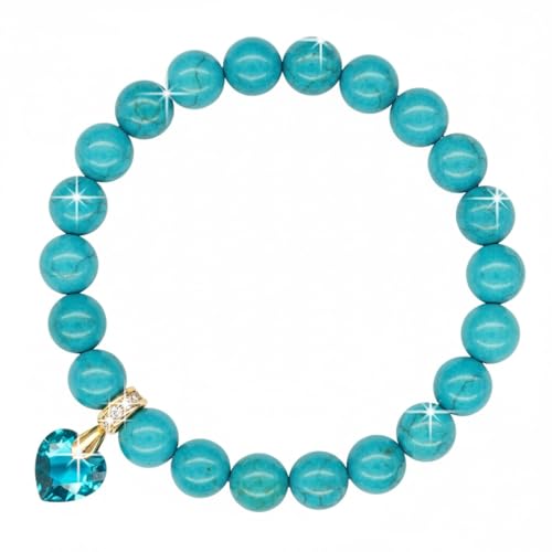 Georgiadis, 8mm Synthetic Turquoise Bracelet for Women with Austrian Crystal Heart Charm | 18K Gold Plated | Healing Stone for Protection, Calm & Balance | December Birthstone Gift Jewellery