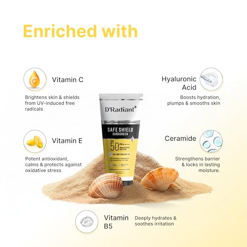 Image of D'Radiant+ Safe Shield Sunscreen SPF 50 PA++++ | Broad Spectrum UVA, UVB, Blue Light, Infrared Protection | Modern Uv Filters | Lightweight, Brightening Effect | Dermatologically & Clinically Tested (50ml)
