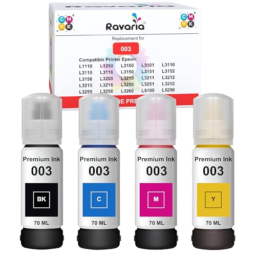 Image of 003 Compatible Ink for Epson Printer L1110 L3100 L3101 L3110 L3115 L3116 L3150 L3151 L3152 L3156 L5190 (003 Ink CMYK 1 Set)