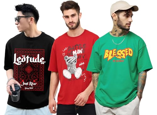 Image of LEOTUDE Men's Cotton Trendy Oversized Round Neck Printed T-Shirt Combo (Pack of 3)