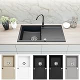 Faizee Home | Granitspüle 90x50 cm – Reversibles Spülbecken mit Abtropffläche inkl. Siphon & Drehexzenter | Kratzfest, hitzebeständig (Schwarz Gesprenkelt)