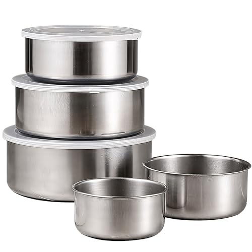 Retoo 5 recipientes herméticos con tapa de 10/12/14/16/18 cm, acero inoxidable, para alimentos, a prueba de fugas, redondos, reutilizables, para trabajo, escuela