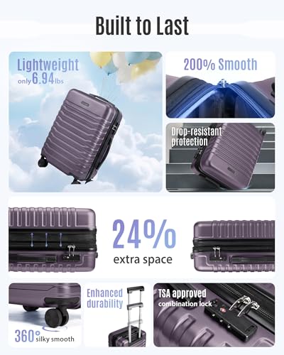 Image of LIGHT FLIGHT Expandable Carry On Luggage 22x14x9 Airline Approved with Double Spinner Wheels, 20 Inch Lightweight Hard Shell Rolling Suitcases with TSA Lock, Purple