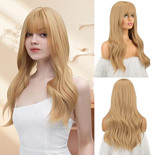 FESHFEN Longue Perruque avec Frange Blonde, 60 cm Perruques Ondulée Frange Perruque Blond Ondulé Femme Synthétiques de Fête Cosplay Quotidienne Cover
