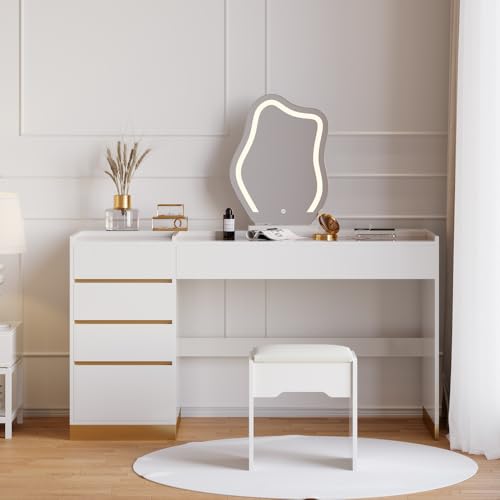 Image of homary Makeup Vanity Desk with LED Mirror & Charging Station, Vanity Table with Tempered Glass Top, 6 Drawers Storage, 3 Color Lighting Modes, Vanity Desk with Chair for Bedroom (White)