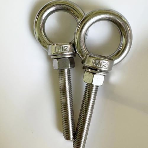 Image of 304 Stainless Steel Shoulder Eye Bolts, 2 PCS M12 Heavy Duty Eye Bolt Lifting Ring 3.15 inch Threaded Eyebolt with Nuts and Flat Washers(Thread Length 80mm) Muti-Function for Indoor Outdoor