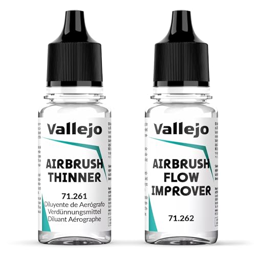 Vallejo Airbrush Thinner & Flow Improver Set (2 x 18ml) - Acrylic Paint Reducer & Flow Aid for Miniatures Models & Scale Airbrushing with Precision Eyedropper Bottles