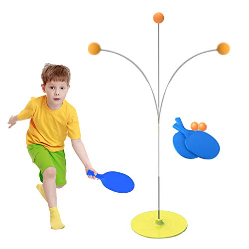HNGPB Robot de Entrenamiento de Tenis de Mesa para niños, elástico, Suave, para Principiantes, Adultos, niños, 2 Raquetas, 2 Tenis, 1 chasis, 2 Ejes Flexibles, 3 ventosas, Amarillo Azul