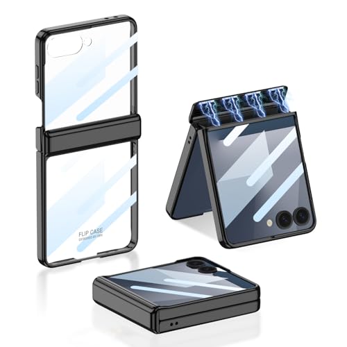 Image of Midkart Magnetic Case Compatible with Samsung Galaxy Z Flip 7 Release 2025 Hinge Protection Electroplated Anti-Yellowing Camera Protection Cover, Transparent & Black