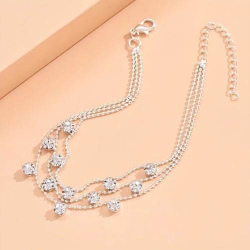 Image of Fesciory Silver Ankle Bracelets for Women, Adjustable Rhinestone Pendant Tennis Anklet, Butterfly Heart Infinite Diamond Summer Beach Foot Chain Jewelry Gifts