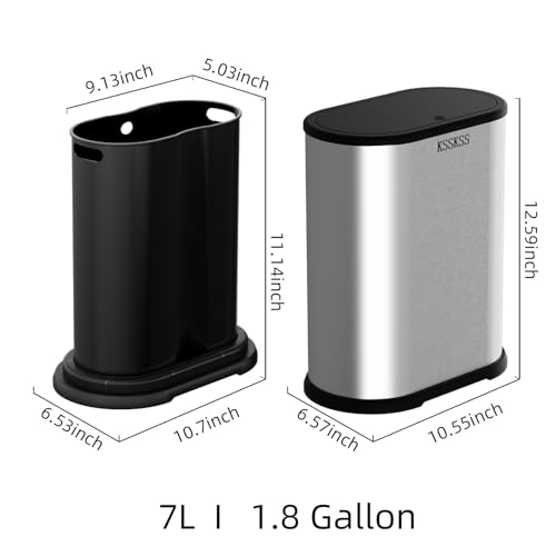 Image of KSSKSS 1.8 Gallons Small Stainless Steel Trash Can with Press Type Lid, Slim Bathroom Garbage Bin, Removable Liner Bucket, Dog Proof Narrow Wastebasket with Pop-Up Lid for Bedroom,Toilet (Silver)