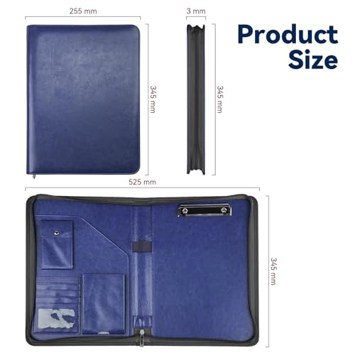 Image of Zippered Padfolio Organizer, WRIYES Leather Planner Binder, 10.2 Inch Portfolio Folder for Documents, Letter Size Business Card Holder for Men&Women (Blue)