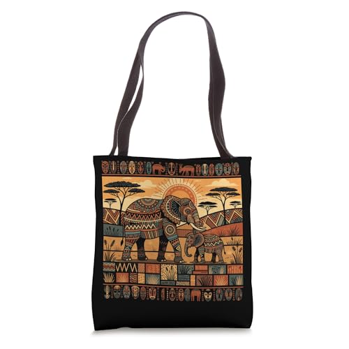 African Elephant & Baby Tribal Kente Pattern Safari Ghana Tote Bag